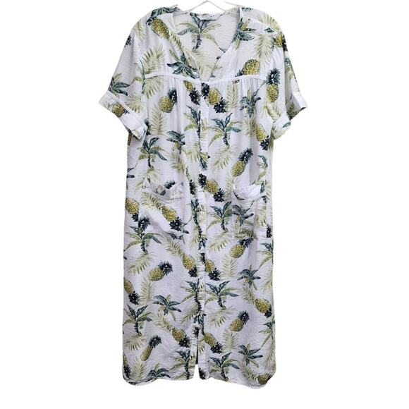 Ekouaer pearl snap front housecoat nightgown pineapple print woman's size large - Picture 2 of 14